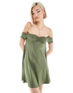 Monki Drapey Jersey Off Shoulder Mini Dress In Khaki For Women -Monki Shop 206608111 1 khaki 1