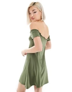Monki Drapey Jersey Off Shoulder Mini Dress In Khaki For Women -Monki Shop 206608111 4