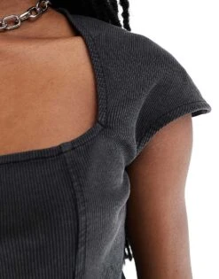 Monki Short Sleeve Square Neck Top In Black Washed For Women -Monki Shop 206608131 2