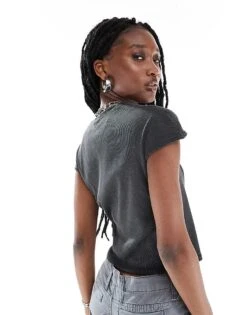 Monki Short Sleeve Square Neck Top In Black Washed For Women -Monki Shop 206608131 3