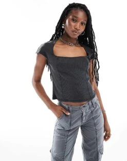 Monki Short Sleeve Square Neck Top In Black Washed For Women -Monki Shop 206608131 4