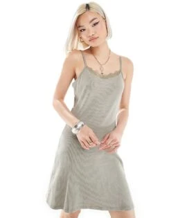 Monki Jersey Rib Mini Slip Dress With Lace Trim In Acid Wash Khaki Green For Women