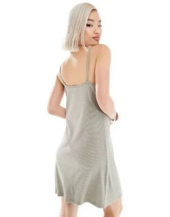 Monki Jersey Rib Mini Slip Dress With Lace Trim In Acid Wash Khaki Green For Women -Monki Shop 206608162 3