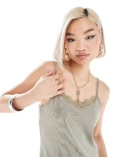 Monki Jersey Rib Mini Slip Dress With Lace Trim In Acid Wash Khaki Green For Women -Monki Shop 206608162 4