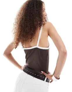 Monki Cropped Slim Fit Strappy Vest Top In Brown With White Contrast Binding For Women -Monki Shop 206608172 4