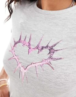 Monki Shrunken T-shirt With Spike Heart In Grey Melange For Women -Monki Shop 206608197 4