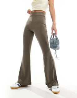 Monki Super Soft Low Waist Flare Jersey Trousers In Khaki Brown For Women -Monki Shop 206608224 1 khakibrown 1