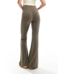 Monki Super Soft Low Waist Flare Jersey Trousers In Khaki Brown For Women -Monki Shop 206608224 3