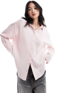 Monki Long Sleeve Crinkle Textured Shirt In Light Dusty Pink For Women