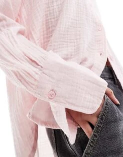 Monki Long Sleeve Crinkle Textured Shirt In Light Dusty Pink For Women -Monki Shop 206608273 3
