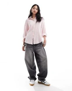 Monki Long Sleeve Crinkle Textured Shirt In Light Dusty Pink For Women -Monki Shop 206608273 4