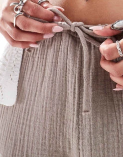 Monki Wide Leg Pull On Textured Trousers In Brown For Women -Monki Shop 206608315 4