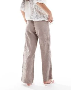 Monki Wide Leg Pull On Textured Trousers In Brown For Women -Monki Shop 206608315 5