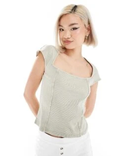 Monki Short Sleeve Square Neck Top In Light Khaki Washed For Women -Monki Shop 206608333 1 lightkhaki 1
