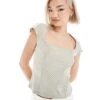 Monki Short Sleeve Square Neck Top In Light Khaki Washed For Women -Monki Shop 206608333 1 lightkhaki