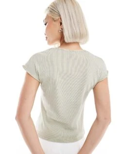 Monki Short Sleeve Square Neck Top In Light Khaki Washed For Women -Monki Shop 206608333 3