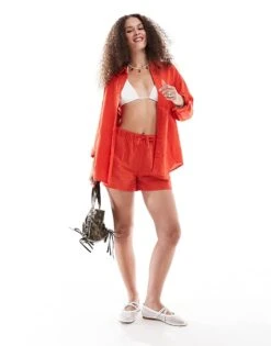 Monki Co-ord Long Sleeve Linen Blend Oversized Shirt And Shorts In Red -Monki Shop 206608360 1 red 1