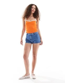 Monki Cropped Slim Fit Strappy Vest Top In Orange With Off White Contrast Binding For Women -Monki Shop 206608369 4