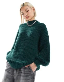 Monki High Neck Chunky Rib Knitted Jumper With Volume Sleeve In Dark Green For Women
