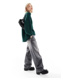 Monki High Neck Chunky Rib Knitted Jumper With Volume Sleeve In Dark Green For Women -Monki Shop 206666317 3