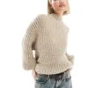 Monki High Neck Chunky Rib Knitted Jumper With Volume Sleeve In Beige For Women
