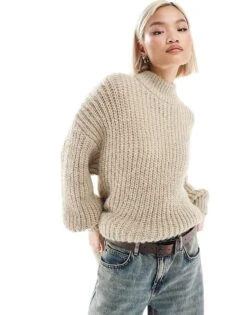 Monki High Neck Chunky Rib Knitted Jumper With Volume Sleeve In Beige For Women