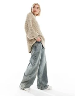 Monki High Neck Chunky Rib Knitted Jumper With Volume Sleeve In Beige For Women -Monki Shop 206666335 3