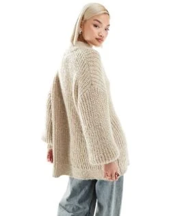 Monki High Neck Chunky Rib Knitted Jumper With Volume Sleeve In Beige For Women -Monki Shop 206666335 4