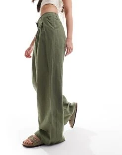 Monki Linen Tailored Wide Leg Trousers In Khaki For Women -Monki Shop 206688163 1 khaki 1