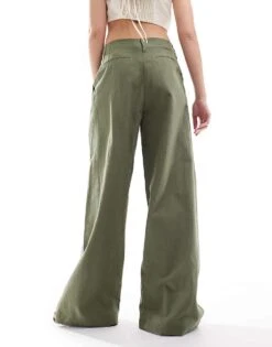 Monki Linen Tailored Wide Leg Trousers In Khaki For Women -Monki Shop 206688163 2