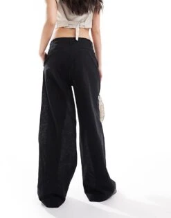 Monki Linen Tailored Wide Leg Trousers In Black For Women -Monki Shop 206689238 3