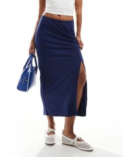 Monki Super Soft Jersey Midi Skirt With Elastic Fold In Navy For Women
