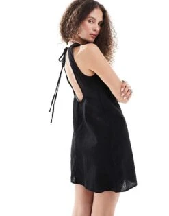 Monki Linen Mini Dress With Open Back And Tie Up Detail In Black For Women -Monki Shop 206691137 1 black 1