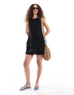 Monki Linen Mini Dress With Open Back And Tie Up Detail In Black For Women -Monki Shop 206691137 3