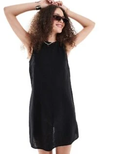 Monki Linen Mini Dress With Open Back And Tie Up Detail In Black For Women -Monki Shop 206691137 4