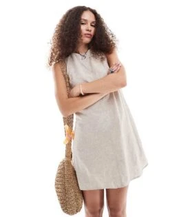 Monki Linen Mini Dress With Open Back And Tie Up Detail In Beige For Women -Monki Shop 206691151 1 beige 1