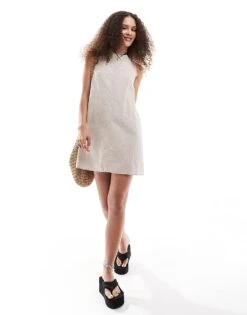 Monki Linen Mini Dress With Open Back And Tie Up Detail In Beige For Women -Monki Shop 206691151 3