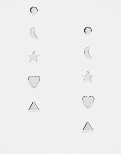 Monki 5 Pack Stud Earrings Star, Moon And Heart In Silver For Women -Monki Shop 206691165 1 silver 1