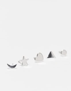 Monki 5 Pack Stud Earrings Star, Moon And Heart In Silver For Women -Monki Shop 206691165 3