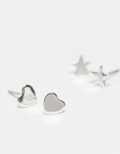 Monki 5 Pack Stud Earrings Star, Moon And Heart In Silver For Women -Monki Shop 206691165 4