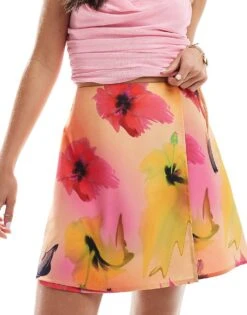 Monki Mini Wrap Skirt With Tie Up Side In Multi Hibiscus Print For Women Multi Print -Monki Shop 206691188 1 multiprint 1