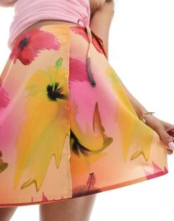 Monki Mini Wrap Skirt With Tie Up Side In Multi Hibiscus Print For Women Multi Print -Monki Shop 206691188 2