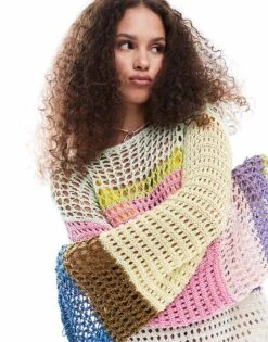 Monki Long Sleeve Loose Knit Sweater In Multi Colour Stripes For Women Multi Stripes -Monki Shop 206691198 3