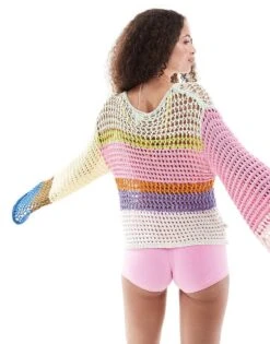 Monki Long Sleeve Loose Knit Sweater In Multi Colour Stripes For Women Multi Stripes -Monki Shop 206691198 4