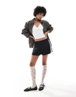 Monki Sport Short With White Lace Trim In Black For Women