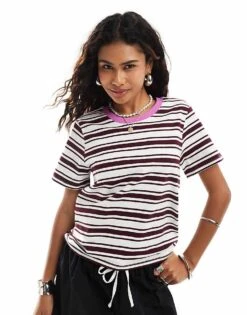 Monki Short Sleeve T-shirt In Burgundy Stripe With Pink Contrast Collar For Women Purple Multi Stripe