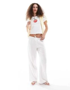 Monki Wide Leg Pull On Textured Trousers In White For Women