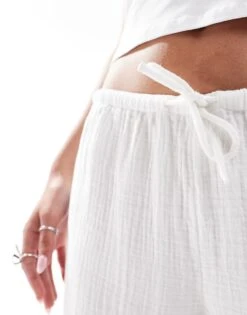 Monki Wide Leg Pull On Textured Trousers In White For Women -Monki Shop 206699065 3