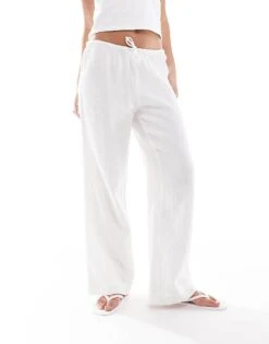 Monki Wide Leg Pull On Textured Trousers In White For Women -Monki Shop 206699065 4