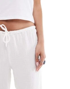 Monki Wide Leg Pull On Textured Trousers In White For Women -Monki Shop 206699065 5